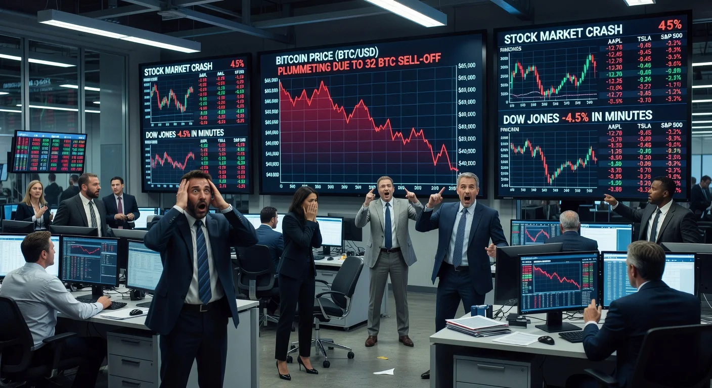 Illustration of financial market turmoil from Bitcoin sale impacting stock prices