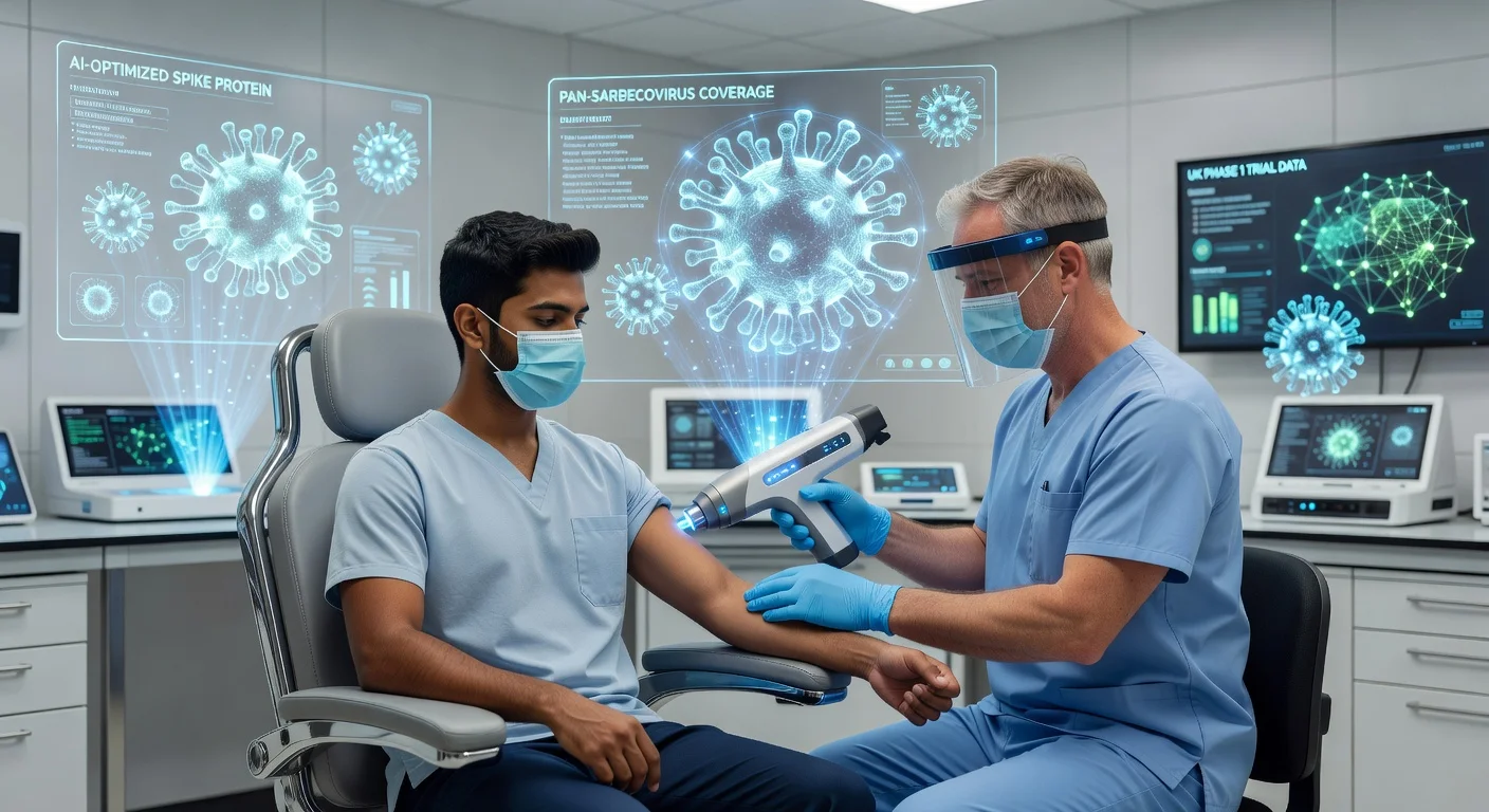 A volunteer receiving a needle-free vaccine in a lab with AI-designed virus models in the background.