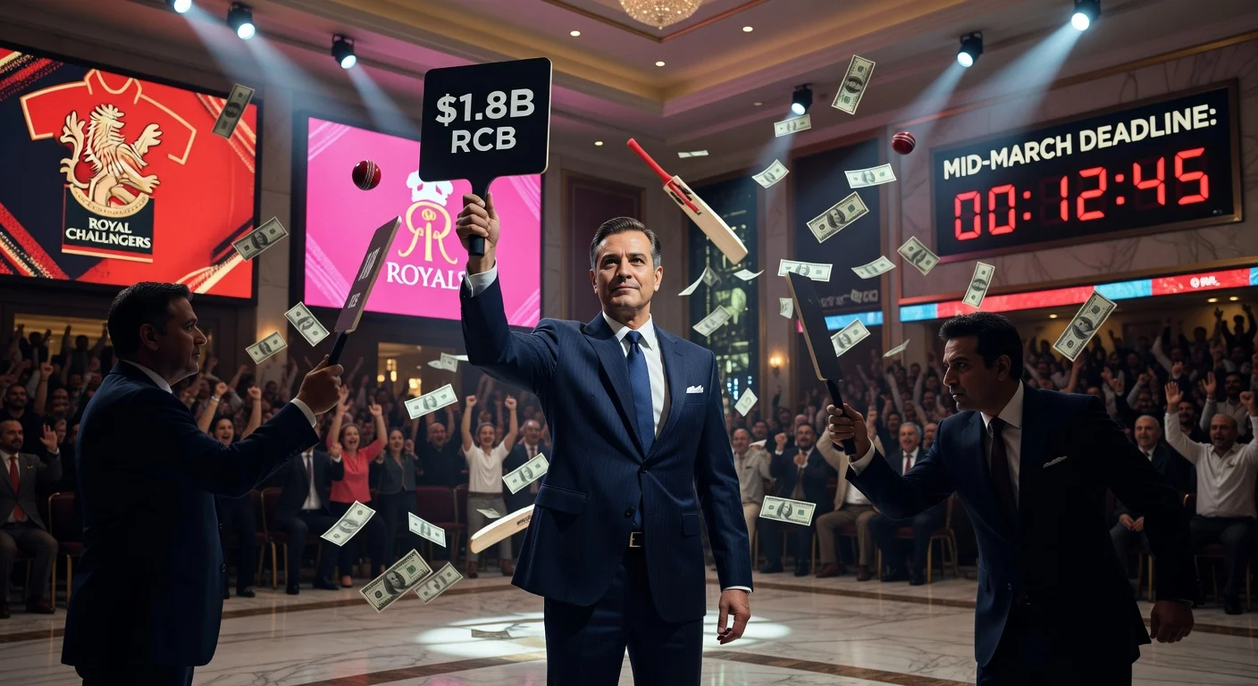 David Blitzer in a bidding war for IPL teams RCB and Rajasthan Royals, surrounded by cricket icons and auction drama.