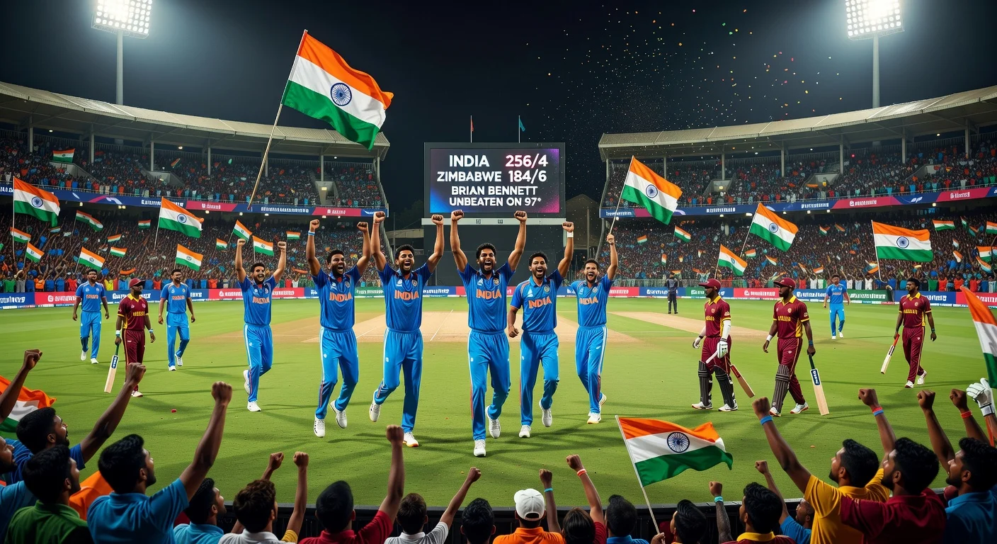Indian cricket team celebrates 72-run T20 World Cup Super 8s victory over Zimbabwe at Chennai stadium, scoreboard showing scores.