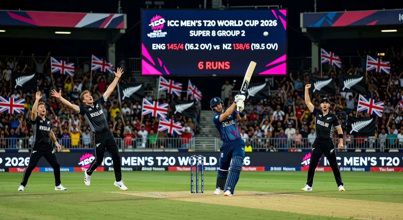 Dynamic action shot of England vs New Zealand T20 World Cup Super 8 cricket match at R. Premadasa Stadium in Colombo.