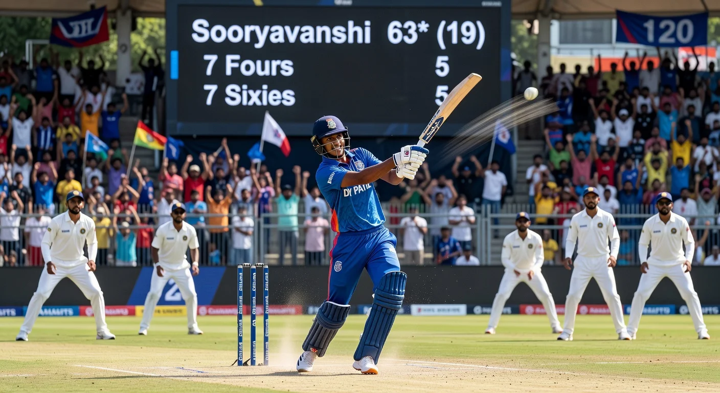 Vaibhav Sooryavanshi hits a massive six during his explosive 63 off 19 balls innings for DY Patil Blue in DY Patil T20 Cup.