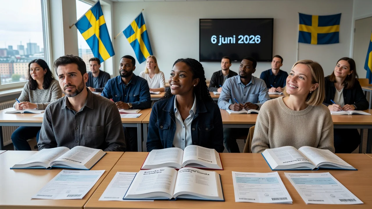 Realistic illustration of immigrants learning Swedish in a classroom with flags and documents, representing new citizenship requirements.