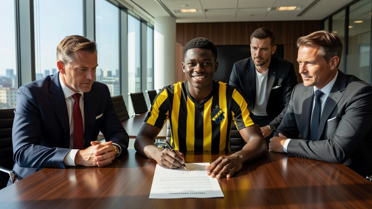 Illustration of young footballer Zadok Yohanna transferring from AIK to Brighton & Hove Albion.