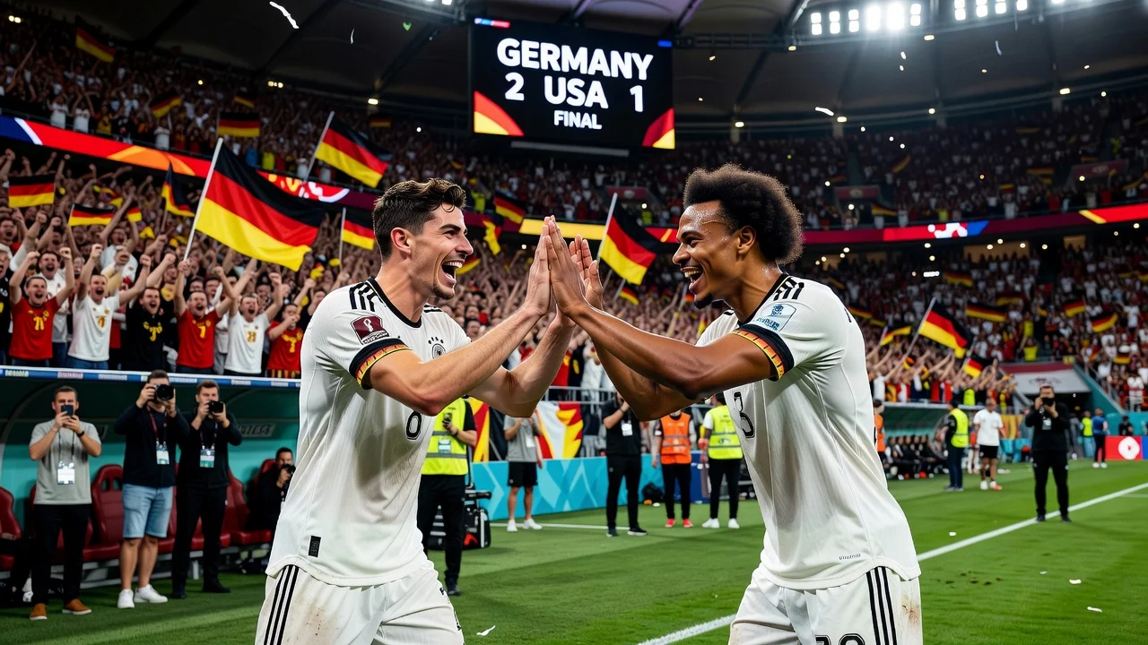 German football team celebrating their victory over the USA in a World Cup test match.