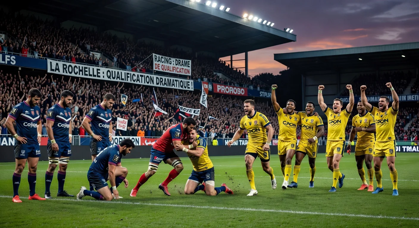 Dramatic rugby match scene showing UBB elimination and La Rochelle qualification in Top 14