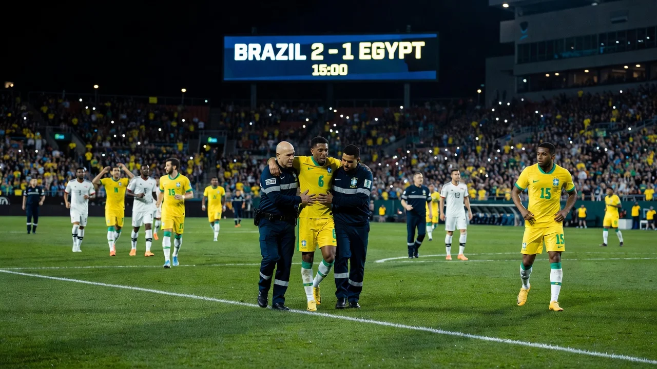 Injured Brazilian soccer player Wesley leaving the field during a 2-1 friendly win over Egypt in Cleveland.