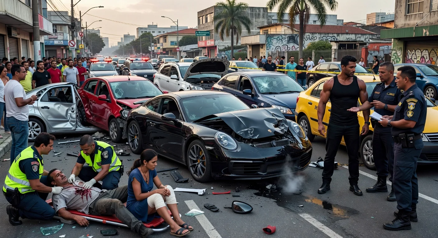 Image of Fábio Giga's Porsche accident in São Paulo, showing crashed cars and police questioning.