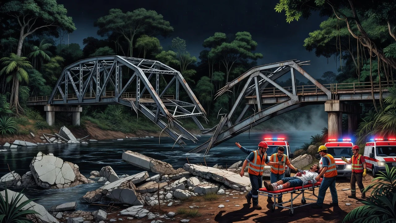 Collapsed Frei Paolino Baldassari bridge in Sena Madureira with rescue workers aiding injured victims after the accident.