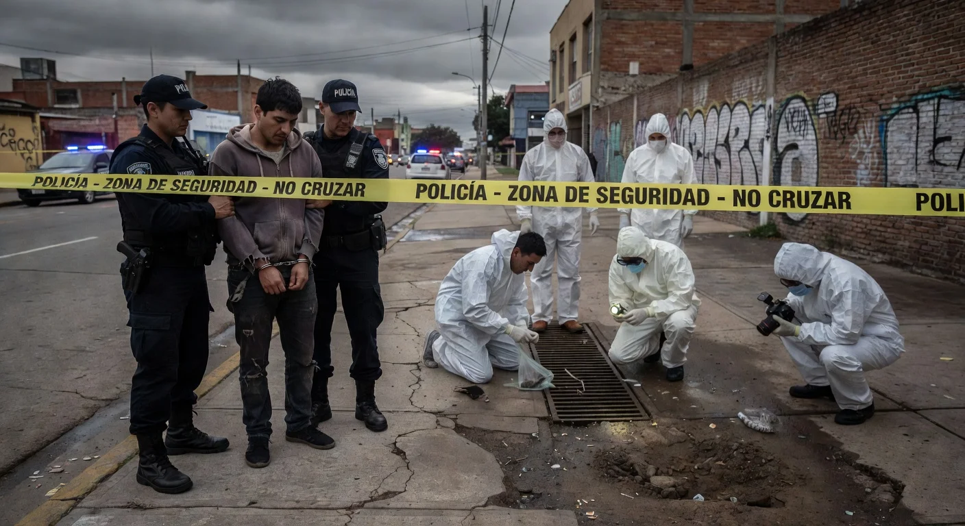 Police officers detaining a suspect in the Agostina Vega femicide investigation in Córdoba.