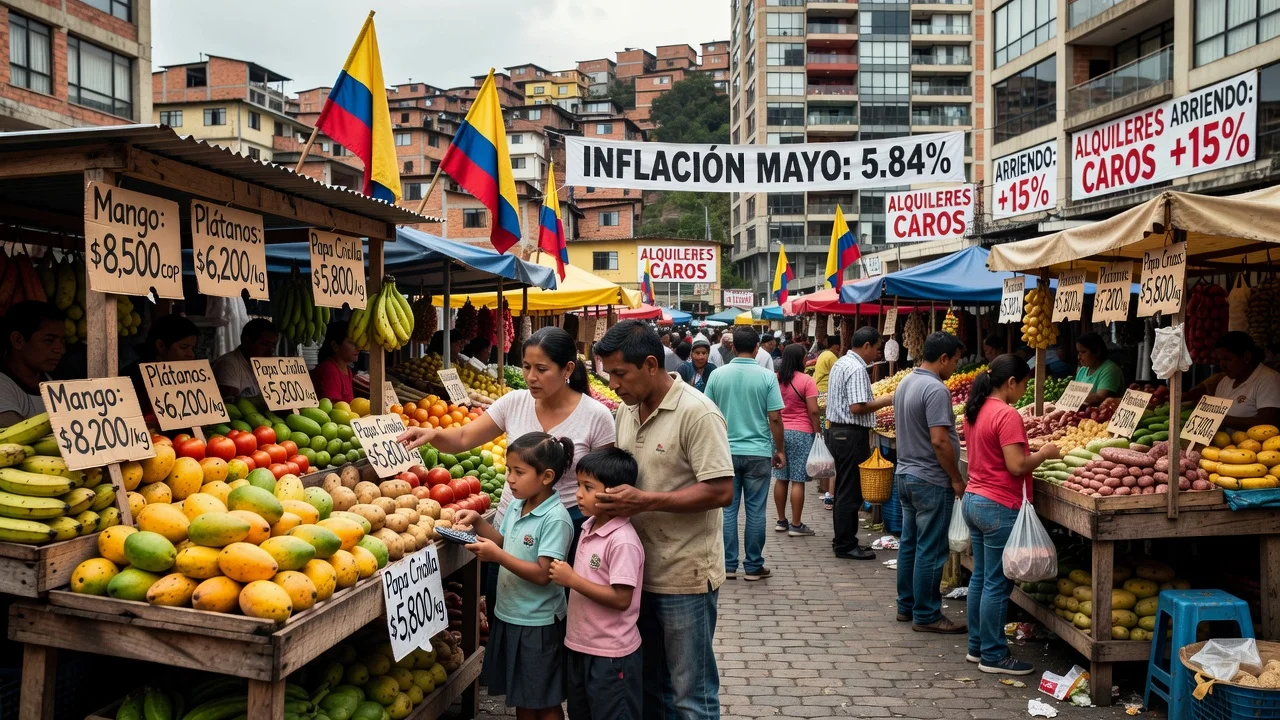 A realistic image of a Colombian market illustrating rising food and housing costs due to inflation.