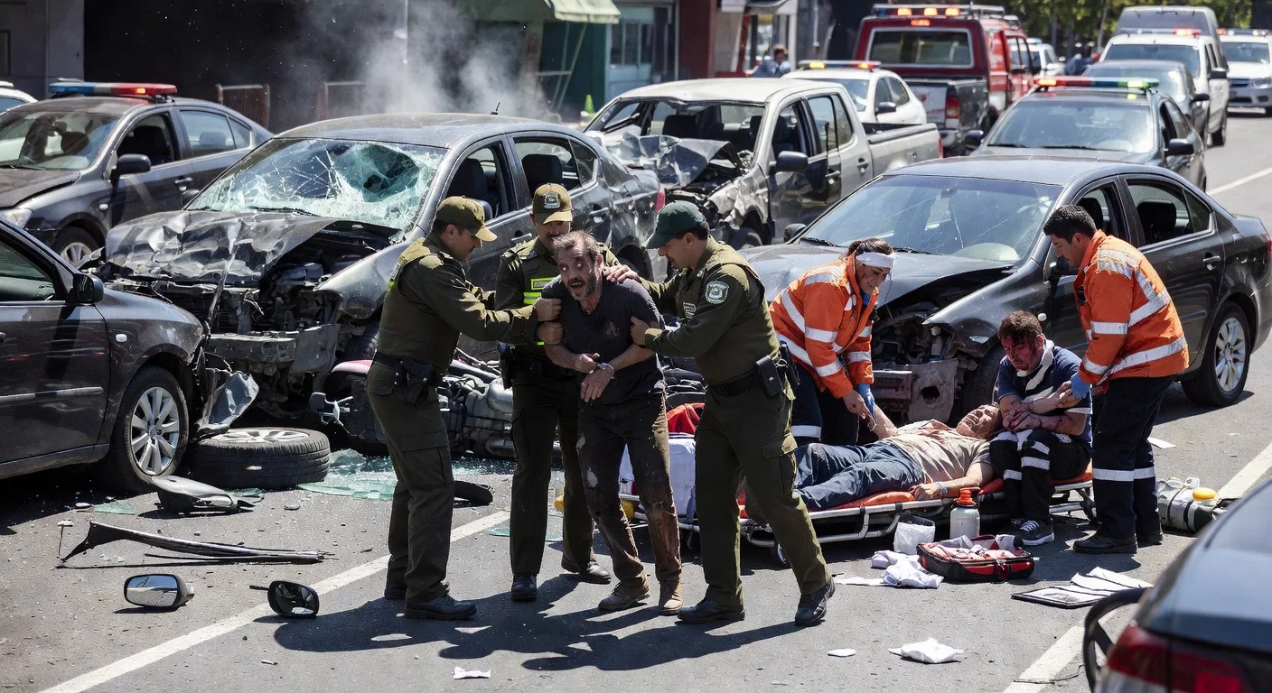 Police detaining a drunk driver after a multi-car collision in San Joaquín.