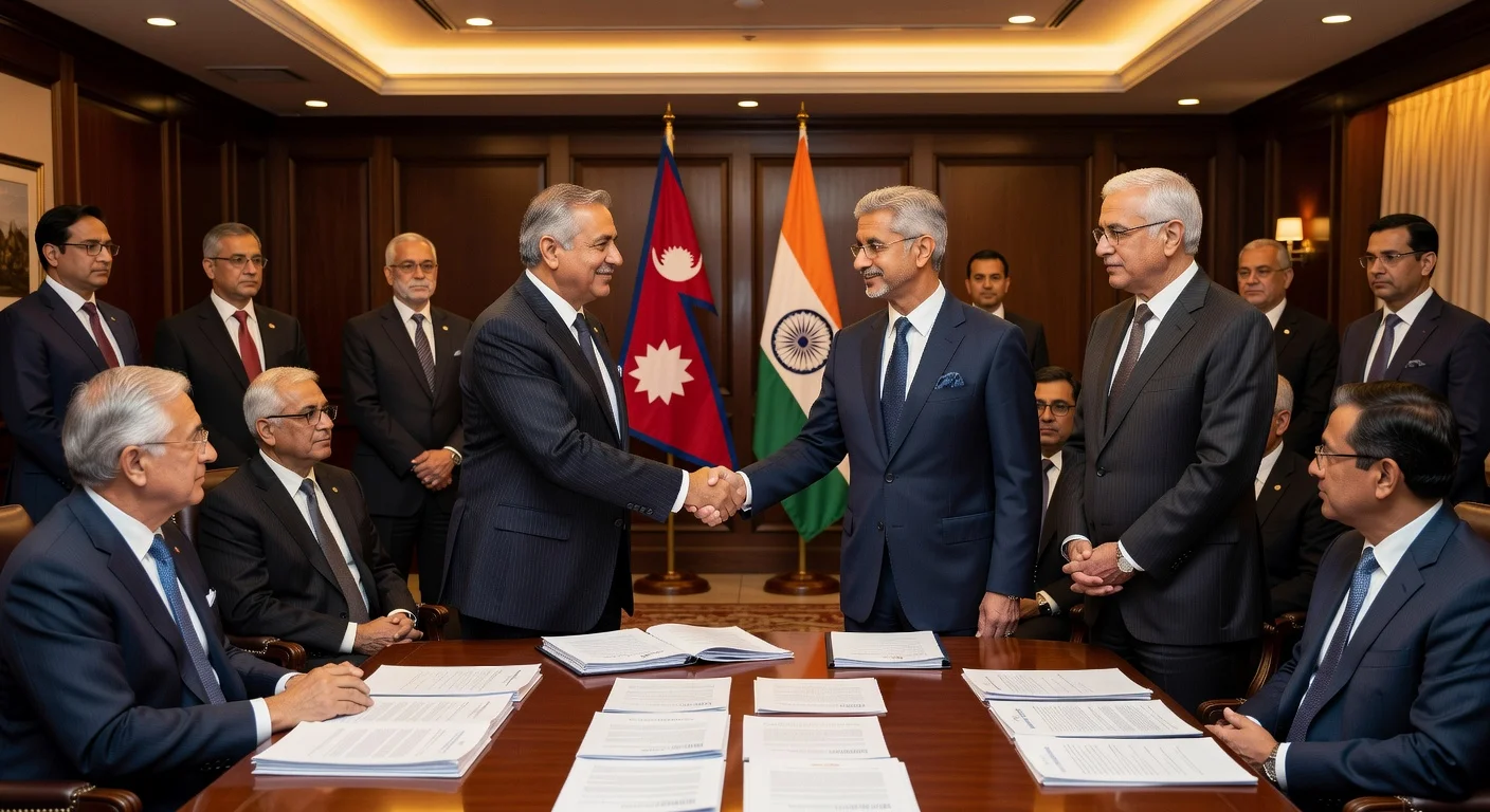 Diplomats from India and Nepal shaking hands during a bilateral meeting.