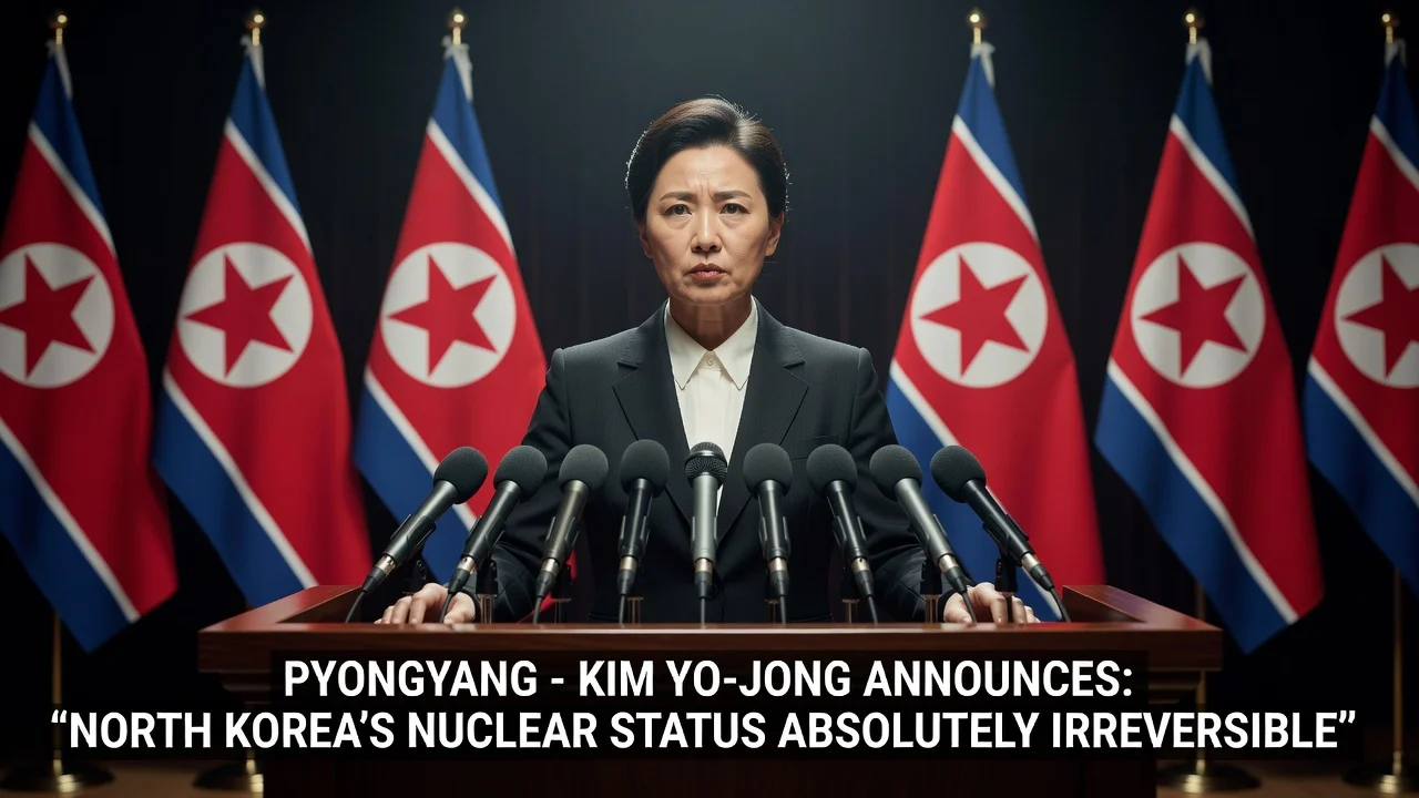 Illustration of Kim Yo-jong announcing North Korea's irreversible nuclear status at a podium