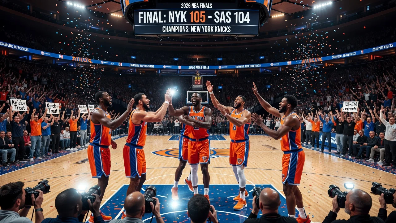 New York Knicks players celebrating their narrow victory in the 2026 NBA Finals against the Spurs.