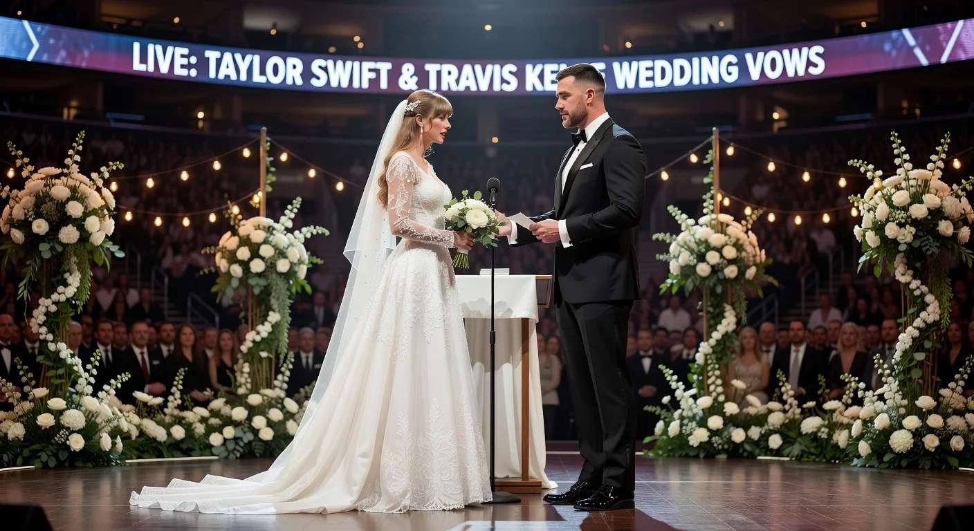 Illustration of Taylor Swift and Travis Kelce's wedding ceremony at Madison Square Garden