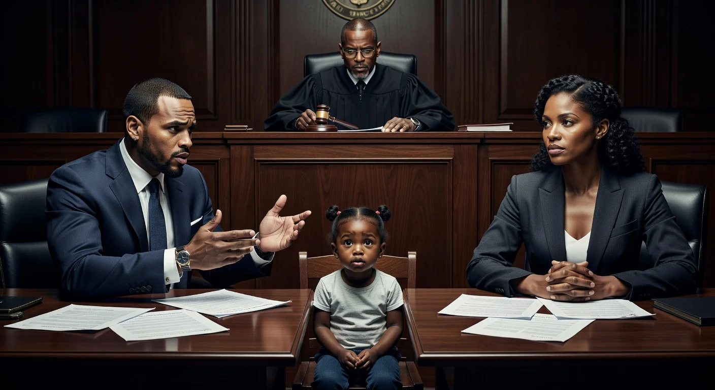 Courtroom scene of Chris Brown and Diamond Brown's custody dispute over their daughter for a news article.
