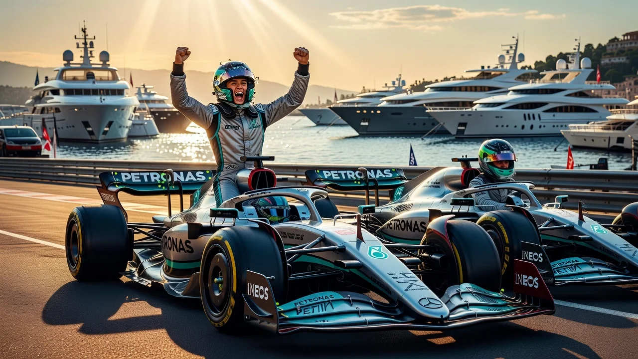 Kimi Antonelli celebrates pole position at Monaco Grand Prix while George Russell struggles to sixth.