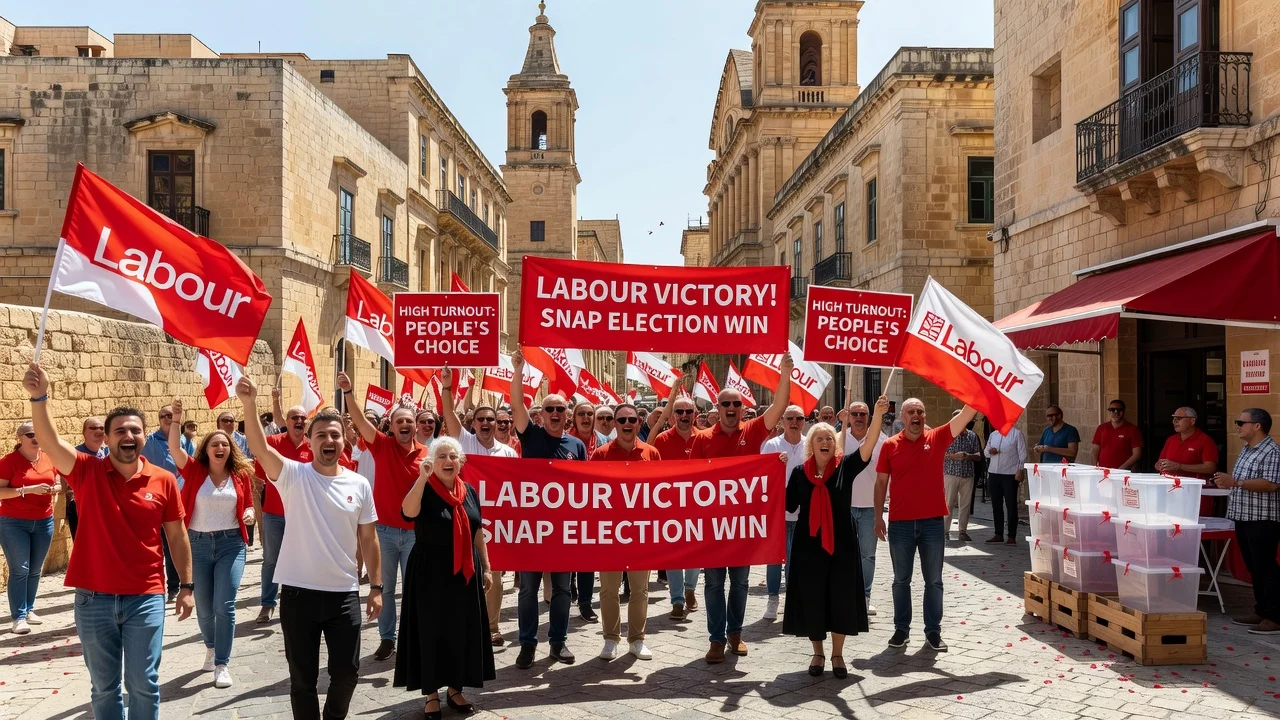 Maltese crowds celebrating Labour Party election victory in Valletta streets