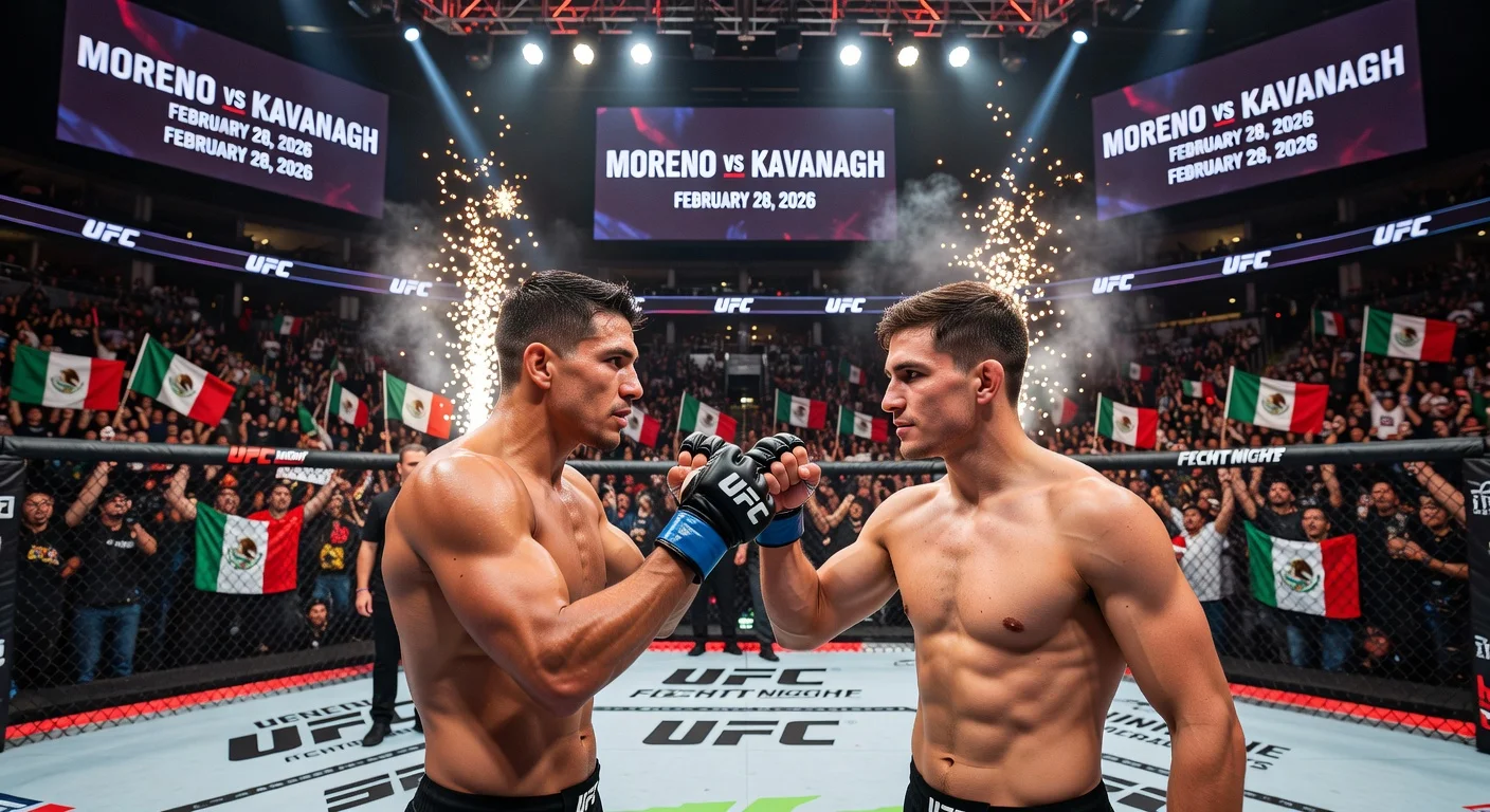 Illustrative photo of Brandon Moreno vs. Lone’er Kavanagh UFC main event staredown at Mexico City Fight Night, with packed arena and Mexican crowd.