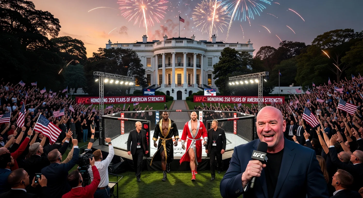 Illustration of UFC fighters walking out from the Oval Office to the octagon on the White House South Lawn for a historic $60M event commemorating America's 250th anniversary.