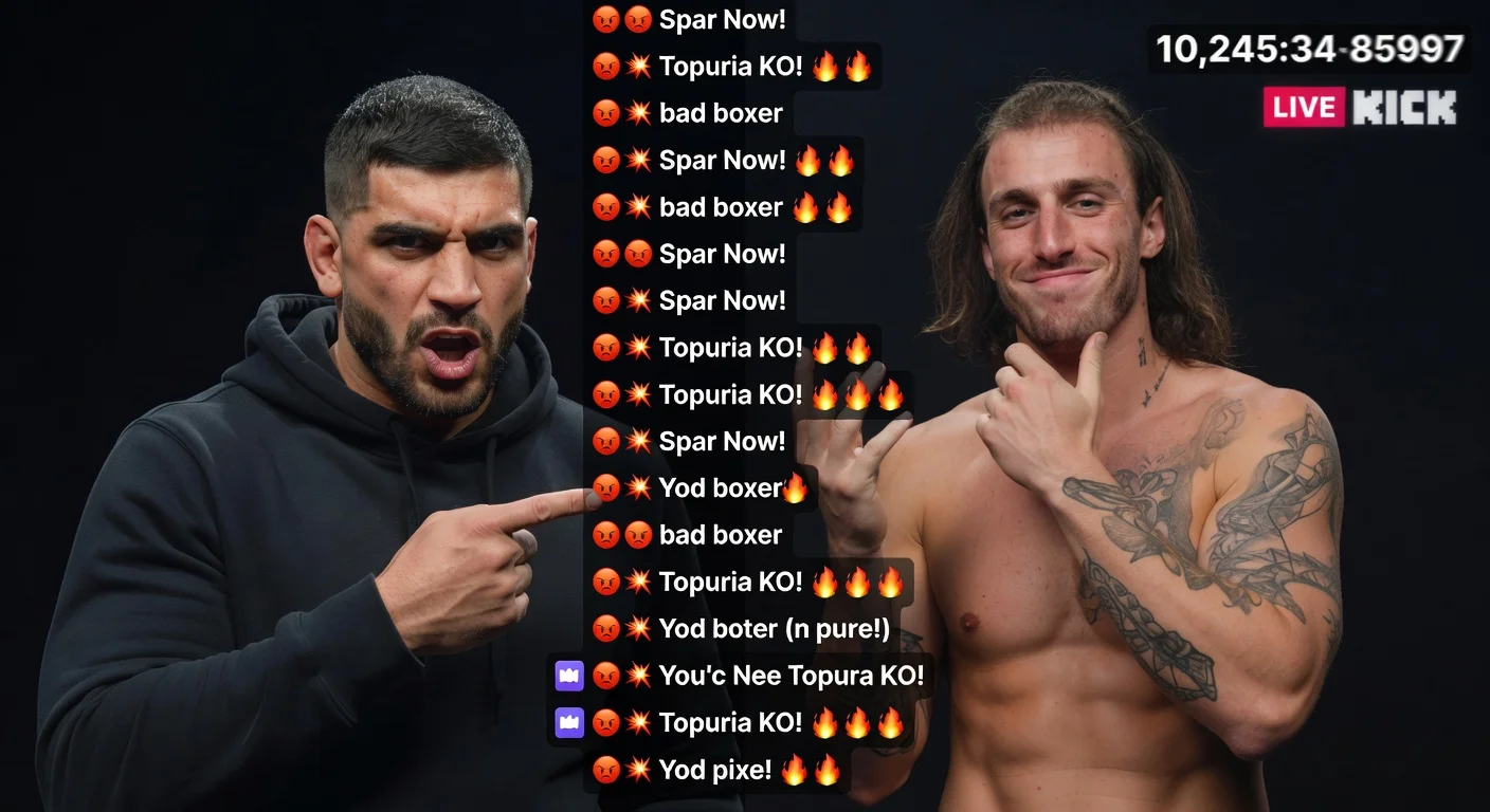 Dramatic split-screen illustration of UFC's Ilia Topuria and Jake Paul trading insults in a live stream sparring challenge.