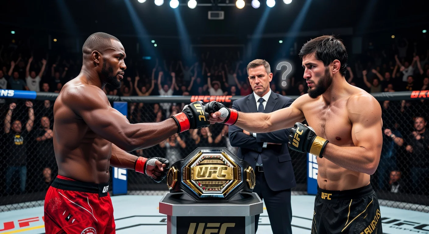 Dramatic illustration of UFC fighters Kamaru Usman and Islam Makhachev facing off in the octagon as UFC executives hesitate on their title fight booking.