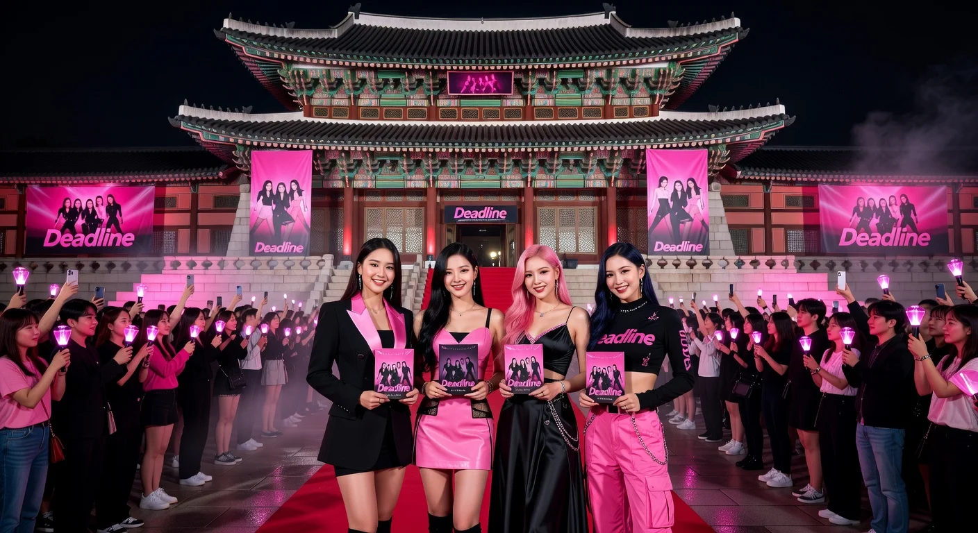 Blackpink members at the pink-illuminated National Museum of Korea for 'Deadline' EP pre-listening event, surrounded by fans.