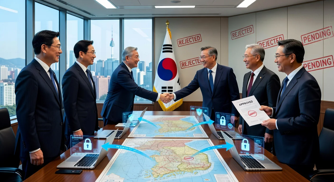 Illustration depicting South Korean officials conditionally approving Google's high-precision map data transfer to overseas servers amid security measures.