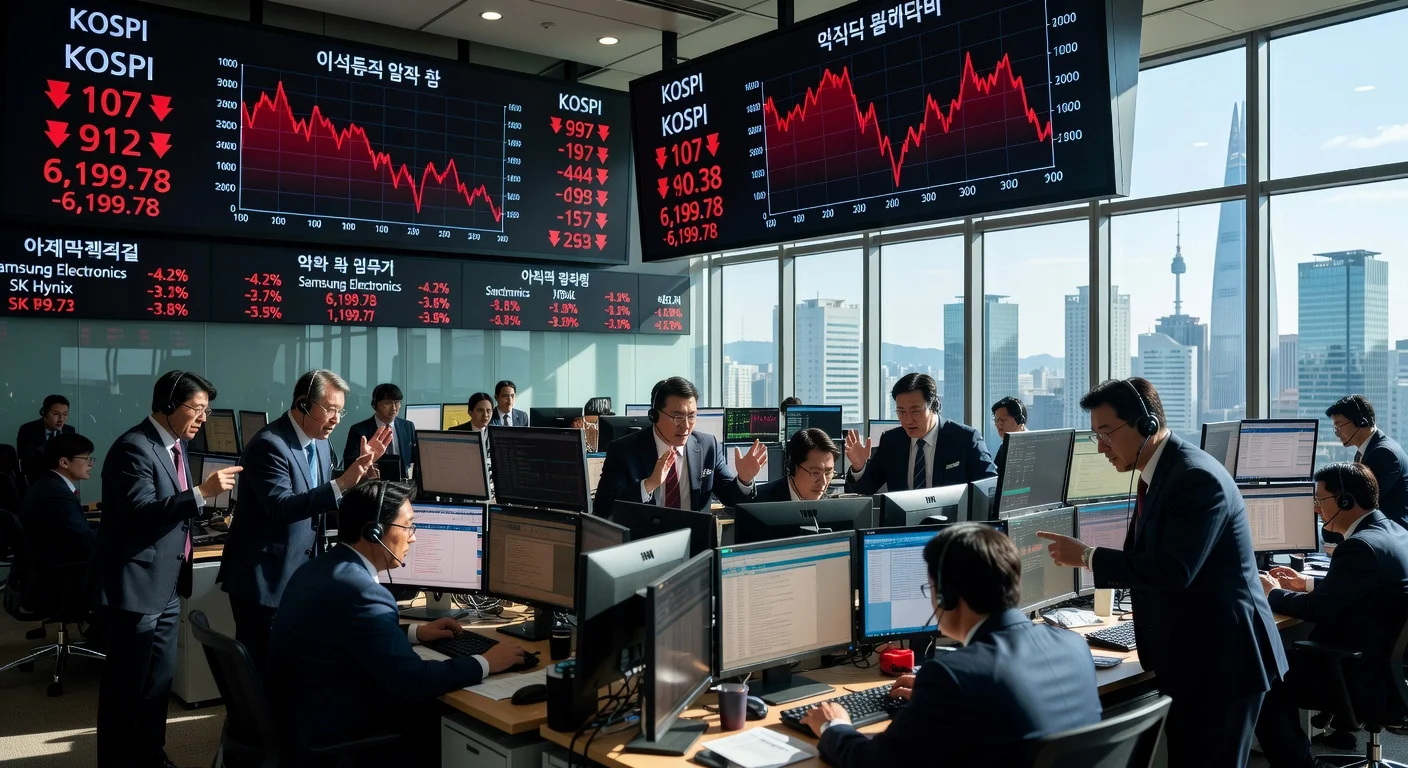 Worried traders on Seoul's stock exchange floor amid KOSPI sharp decline on profit-taking.
