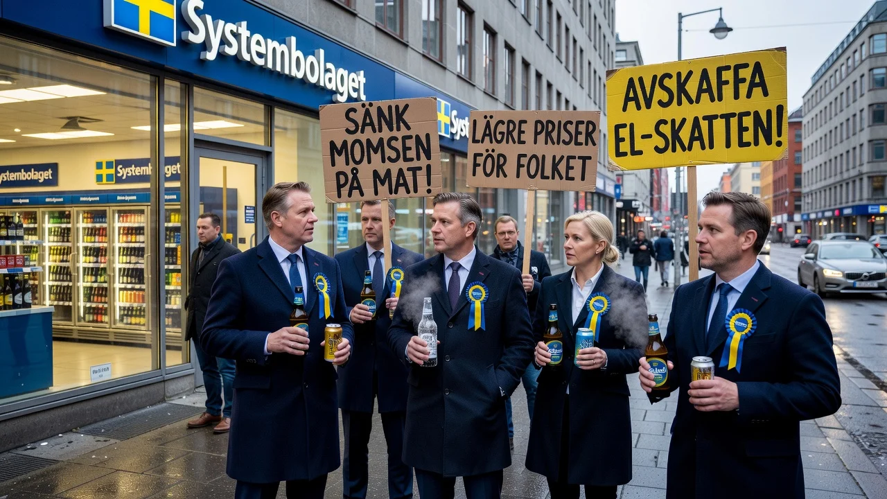 Sweden Democrats politicians promoting cold beer at Systembolaget with promises of lower VAT and tax cuts