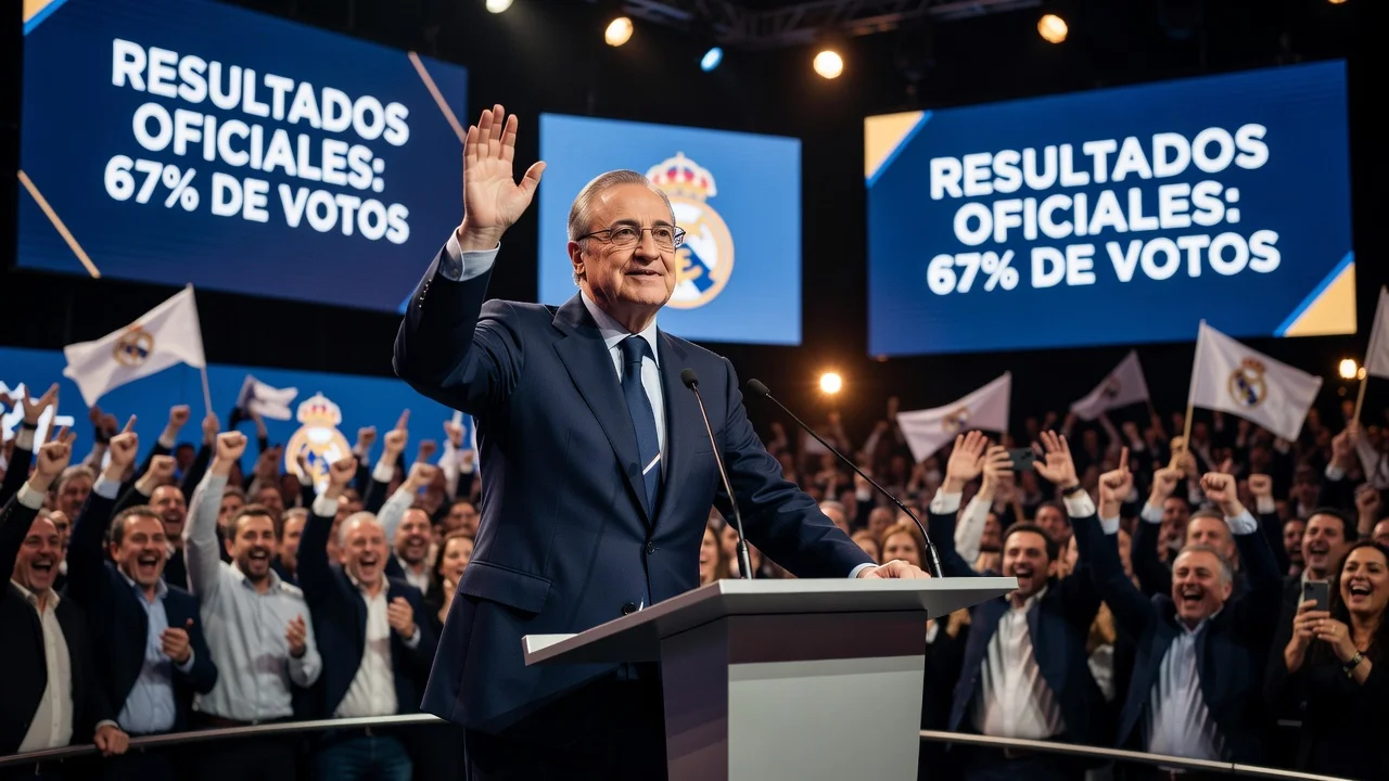 Florentino Pérez celebrating his Real Madrid election win at a podium with cheering crowd.
