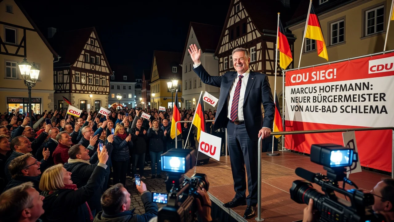 Marcus Hoffmann celebrating his mayoral election win in Aue-Bad Schlema