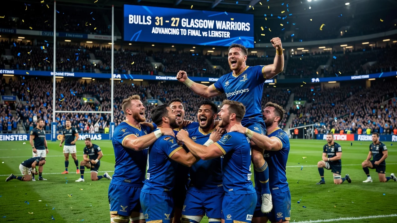 Bulls rugby players celebrating their URC semifinal victory against Glasgow Warriors in a stadium.
