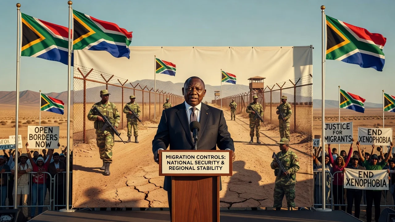 President Cyril Ramaphosa speaking at a podium in Pretoria about migration controls, with border and protest elements in the background.