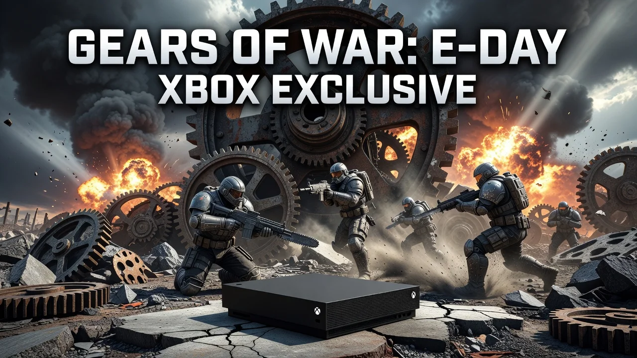 Illustration of Gears of War: E-Day Xbox exclusive announcement featuring soldiers in battle with Xbox branding.