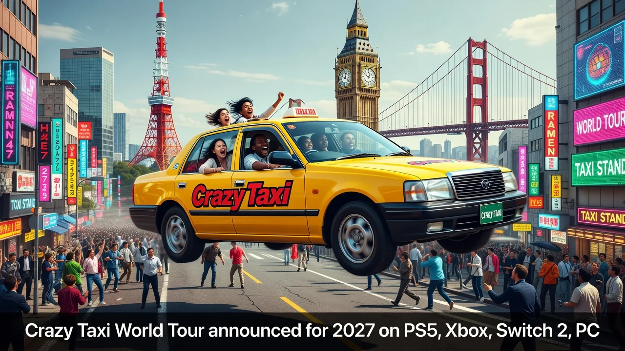 Illustration of a Crazy Taxi leaping in a world tour cityscape announcing 2027 release.