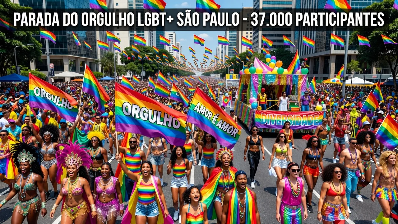 Crowd at São Paulo LGBT+ parade on Paulista avenue under the sun with rainbow flags.