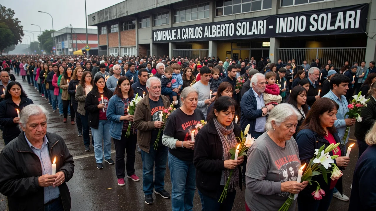 Thousands of people lining up for Indio Solari's wake in Avellaneda, with a long queue outside the sports complex.