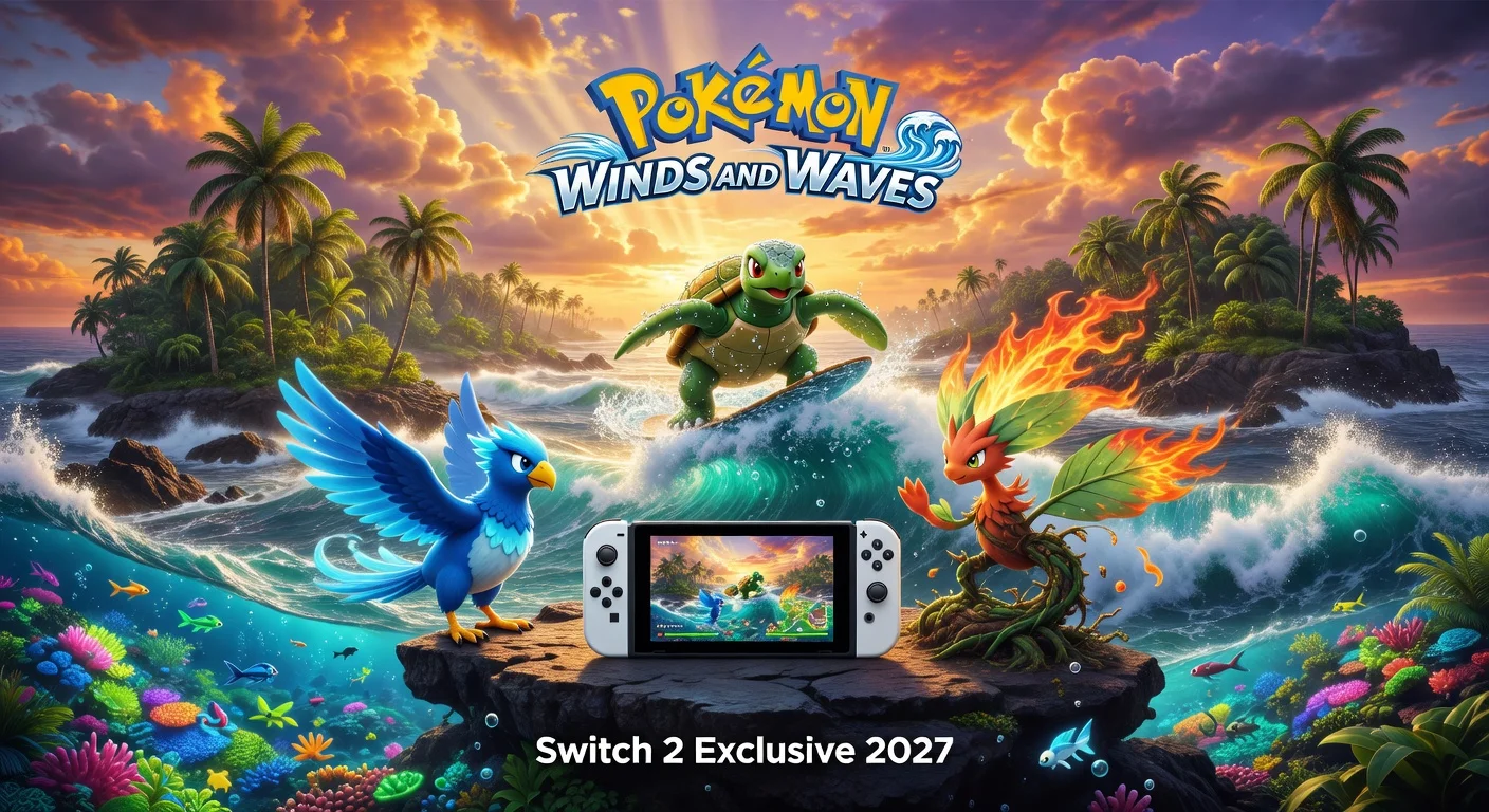Photorealistic illustration depicting the Pokémon Winds and Waves reveal, showcasing new starter Pokémon, archipelago world, and Nintendo Switch 2 console.