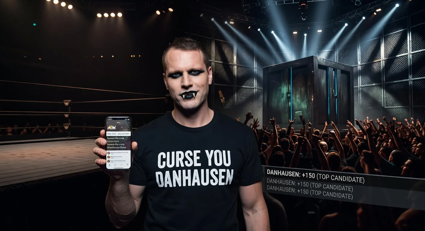 Illustration of Danhausen hinting at AEW departure amid WWE Elimination Chamber mystery crate rumors.