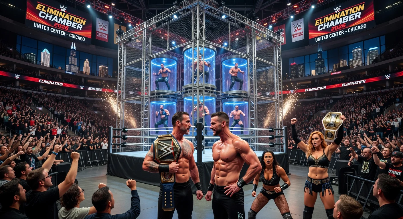 Illustration of WWE Elimination Chamber 2026 at Chicago's United Center, featuring CM Punk vs. Finn Bálor and AJ Lee vs. Becky Lynch title matches amid the steel chamber structure.