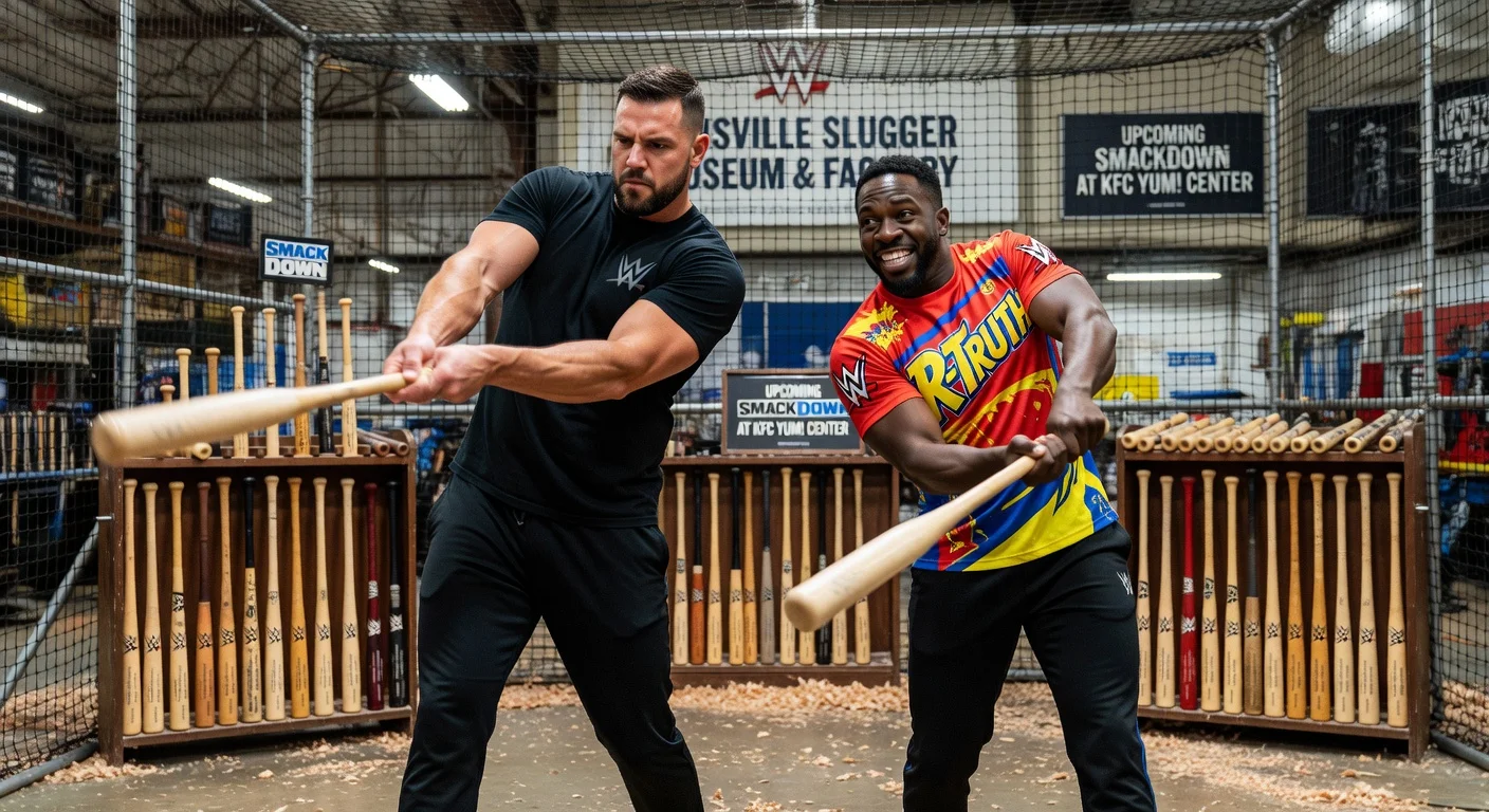WWE wrestlers Damian Priest and R-Truth swing bats in friendly rivalry at Louisville Slugger Museum batting cage ahead of SmackDown.