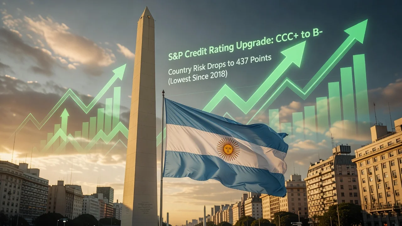 Illustration of Argentina's flag and financial charts representing S&P rating upgrade