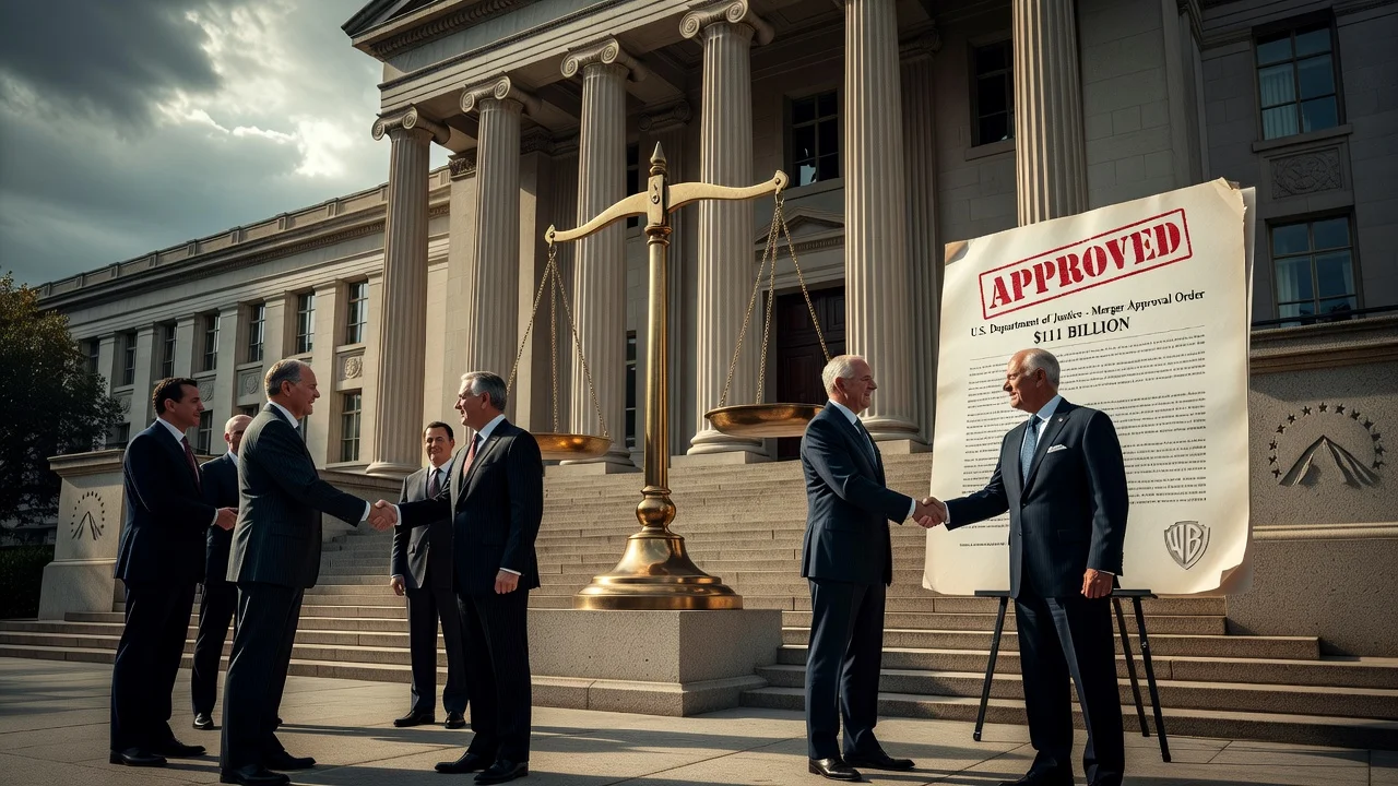 Illustration of the Department of Justice approving the Paramount-Warner Bros Discovery merger.
