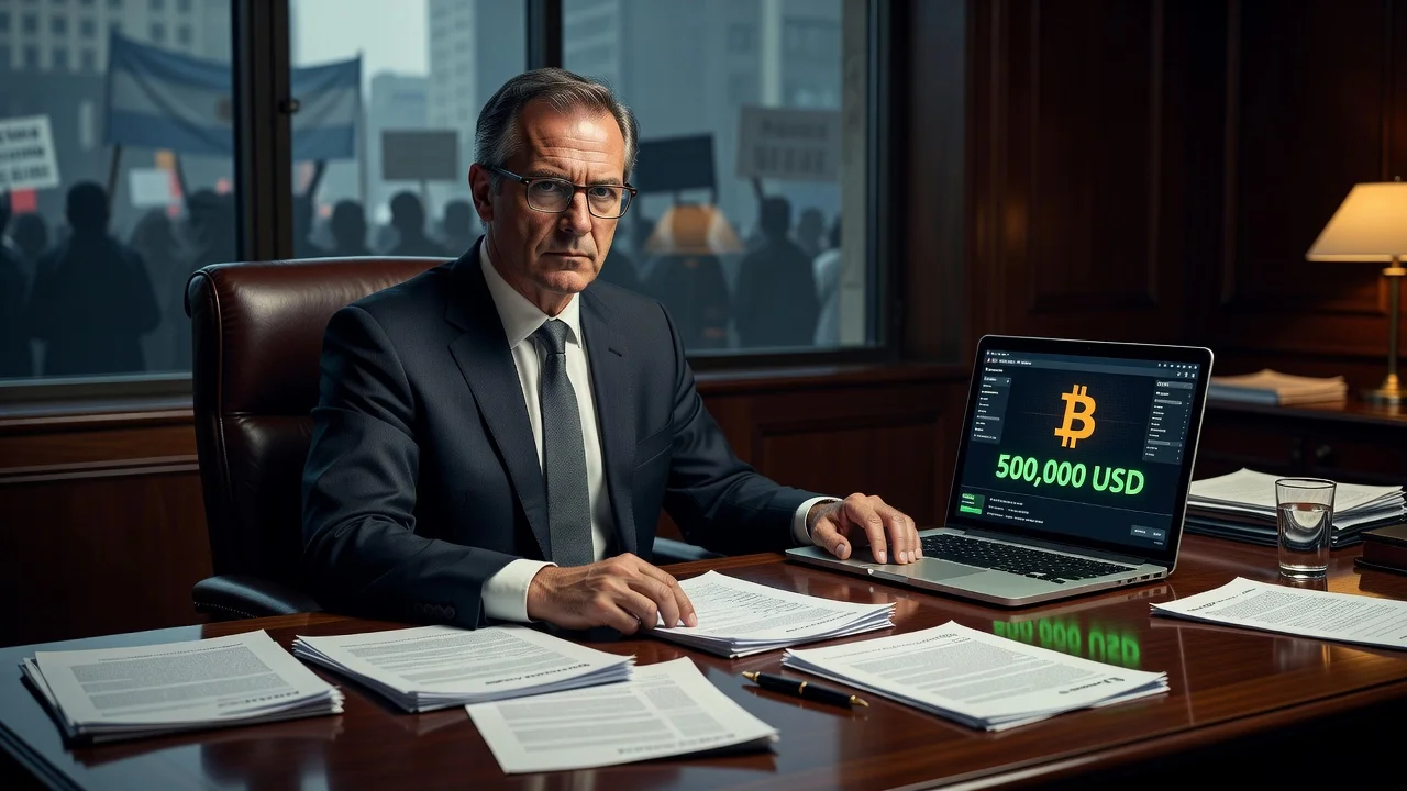 Illustration of Manuel Adorni reviewing documents showing Bitcoin assets amid political controversy.