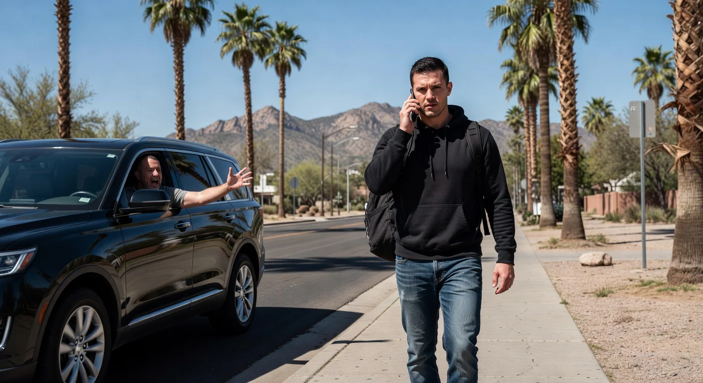 AEW's Darby Allin calmly continues live radio interview on foot after being kicked out of Uber in Tucson.