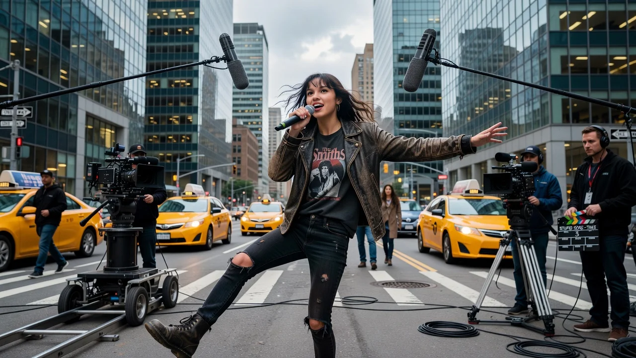 Olivia Rodrigo performing in her music video on the streets of New York City.
