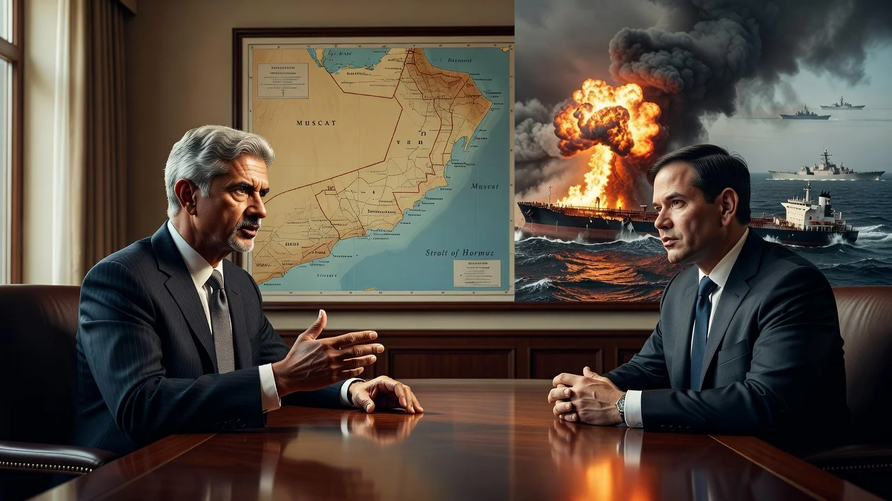 Illustration of Indian minister protesting to US official over navy strike killing mariners on tanker off Oman