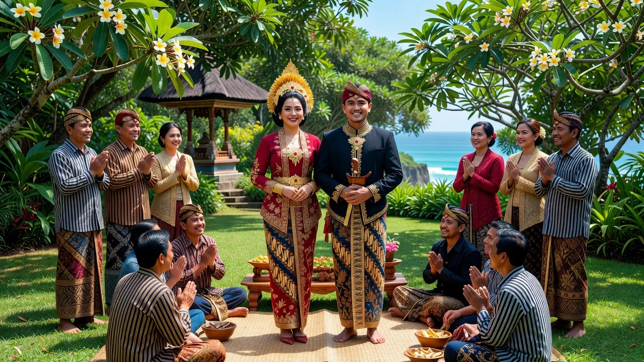 Jennifer Coppen and Justin Hubner in traditional Javanese wedding attire during their Bali ceremony, surrounded by family.